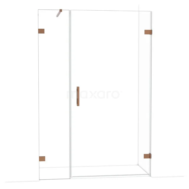 Glazen douchewand met draaideur, koperkleurige scharnieren en handgreep, modern design voor luxe badkamerinrichting.