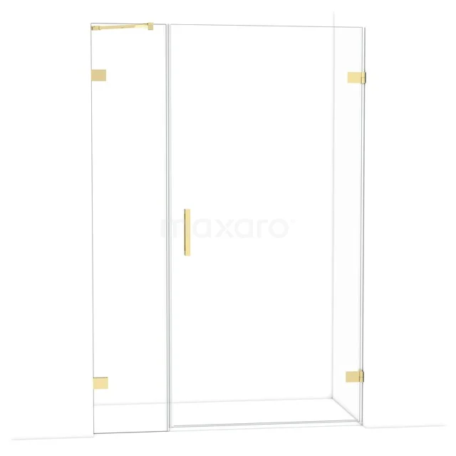 Diamond Shower door | 135 cm Shiny light gold Clear glass Pivot door DDC221004220GLG Glass shower wall with gold-coloured hinges and handle, modern design for luxury bathroom.