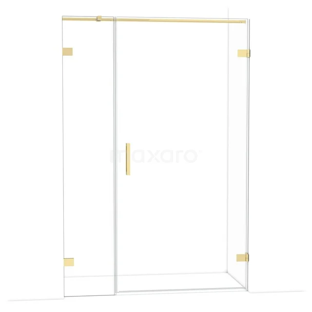 Glazen douchedeur met gouden scharnieren en handvat, modern ontwerp ideaal voor een luxe badkamer.