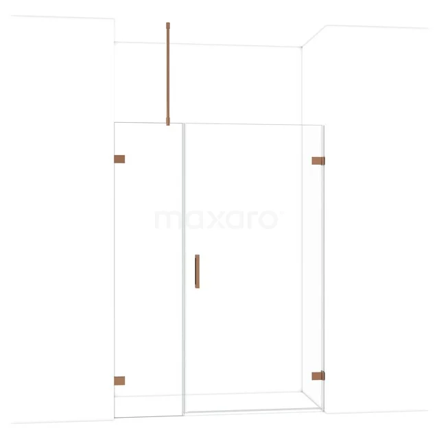 Duschwand aus Glas mit Doppeltüren, kupferfarbenen Akzenten und schlankem Design, perfekt für ein modernes Badezimmer.