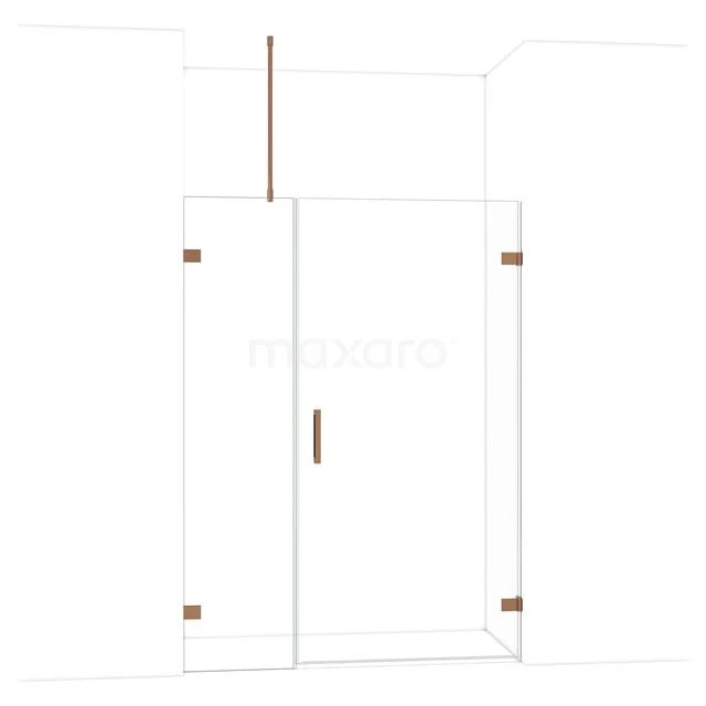 Douchewand van glas met dubbele deuren, koperkleurige accenten en strak design, perfect voor een moderne badkamer.