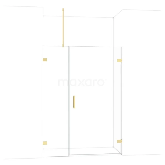 Clear glass shower cabin with gold details, modern design, suitable for luxury bathroom decor.