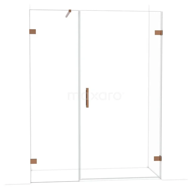 Glas Duschwand mit kupferfarbenen Scharnieren und Haltegriff, moderne begehbare Dusche für stilvolle Badezimmer.