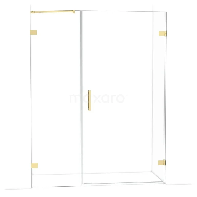 Glazen douchedeur met gouden scharnieren en handgreep, modern ontwerp voor een stijlvolle badkamer.