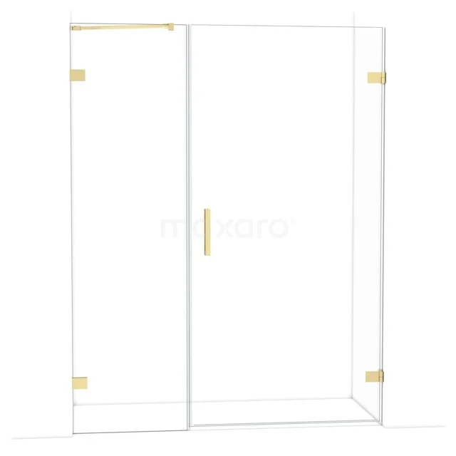 Duschkabine mit transparentem Glas, goldenen Akzenten und Eckdesign. Perfekt für ein stilvolles Badezimmer-Upgrade.