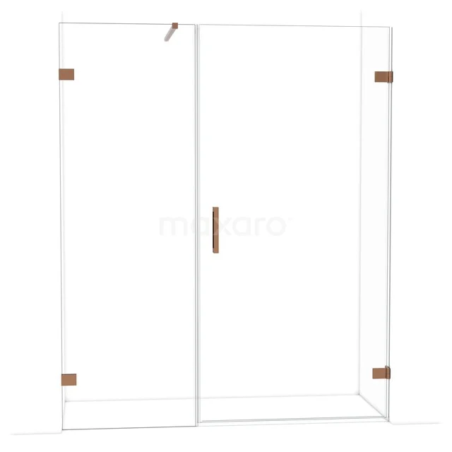 Glazen douchedeur met koperkleurige scharnieren en handgreep, modern ontwerp, ideaal voor een stijlvolle badkamer.