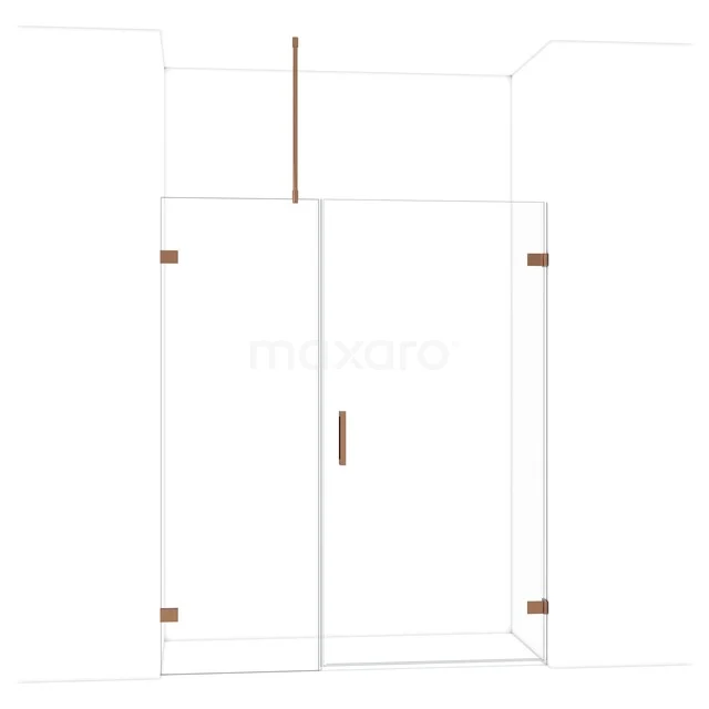 Glazen douchewand met deur, transparant, koperkleurige accenten, modern design, ideaal voor een luxe badkamer.