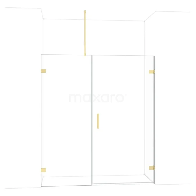 Glas Duschwand mit goldfarbenen Akzenten, Schiebetür und klaren Paneelen, ideal für ein modernes Badezimmer.