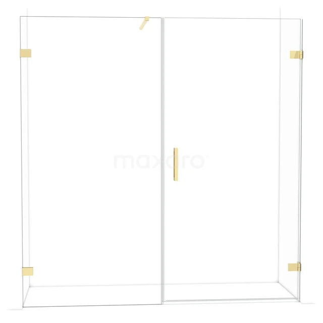 Diamond Shower door | 195 cm Glossy light gold Clear glass Pivot door DDC221010120GLG Douchewand van helder glas met goudkleurige scharnieren en handgreep, modern design voor luxe badkamer.