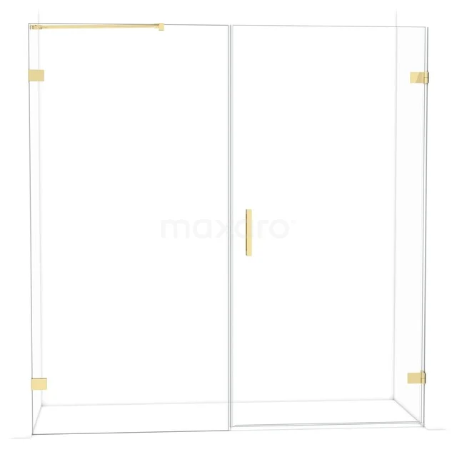 Glass shower wall with gold details, minimalist design, ideal for a luxury bathroom decor.