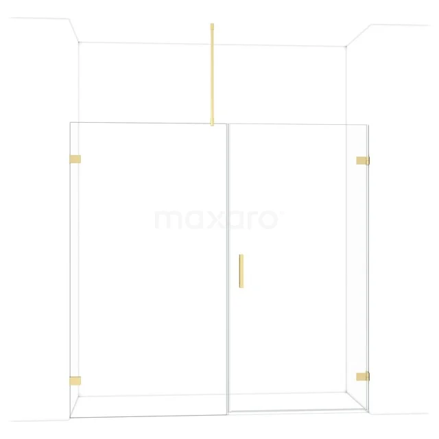 Gouden douchewand met helder glas en metalen details, perfect als stijlvolle scheidingswand in een moderne badkamer.