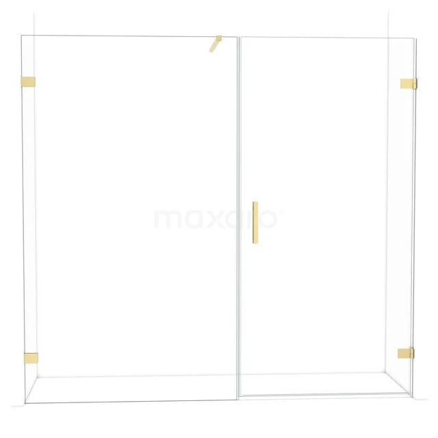 Duschwand mit goldfarbenen Beschlägen, Klarglas, minimalistisches Design, perfekt für ein modernes Badezimmer.