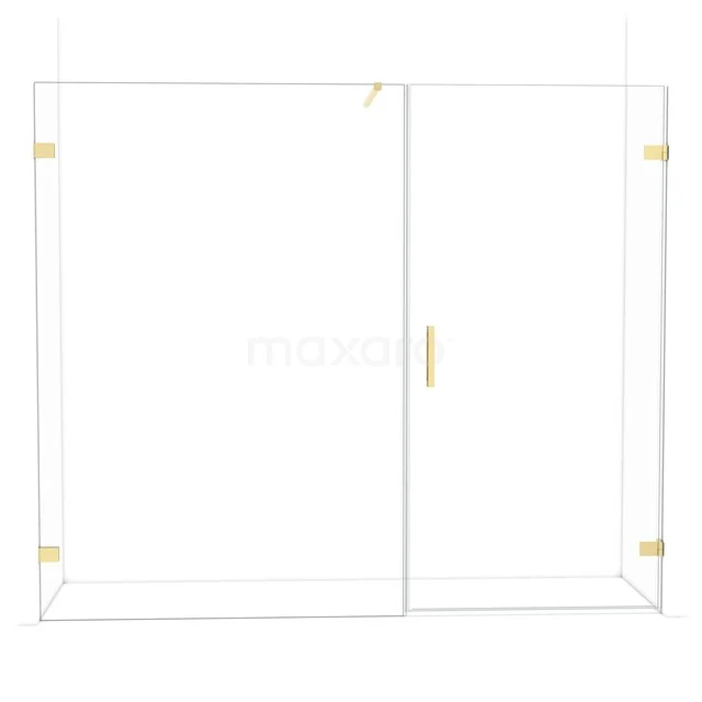 Glazen douchewand met gouden details, schuifdeur en minimalistisch design voor een stijlvolle badkamer.