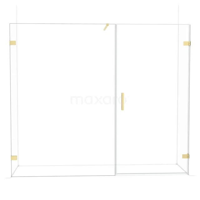 Glas Duschwand mit Schiebetür, goldfarbene Details, elegantes Design für modernes Badezimmer.