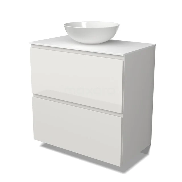 Weißes Badezimmermöbel mit doppelten Schubladen und Aufsatzwaschbecken, modernes Design, perfekt für einen eleganten Badezimmerstil.