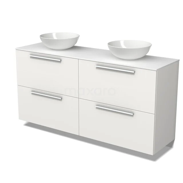 Weißes Badezimmermöbel mit Doppelwaschbecken, Soft-Close-Schubladen und schnörkellosem Design, perfekt für moderne Badezimmergestaltung.