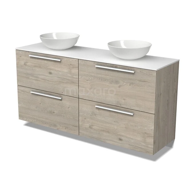 Holz-Badmöbel mit vier Schubladen, weißen Waschtischplatten und zwei Schalen; modernes Design für stilvolle Bäder.