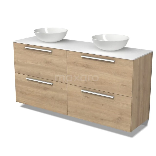 Holz Badezimmermöbel mit doppelten weißen Aufsatzwaschbecken, modernes Design, vier Schubladen und chromatischen Haltegriffen.