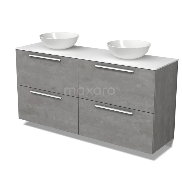 Modulo Plato Badmöbel mit Aufsatzwaschbecken | 160 cm Hellgrauer Beton Flach front Solid Surface blatt 4 hohe Schubladen BMK14-01020 Grau Badmöbel mit Doppelwaschbecken, schnittiges Design, vier Schubladen und metallene Haltegriffe, ideal für moderne Bäder.