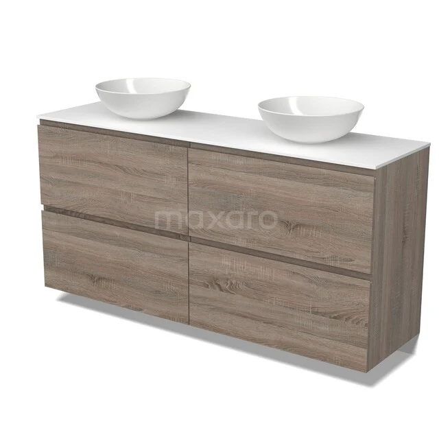 Houten badkamermeubel met dubbele waskom, modern design en vier ruime lades, perfect voor een stijlvolle badkamer.