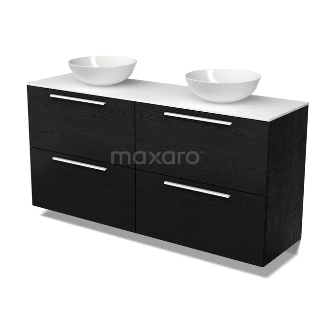 Modulo Plato Vanity units for countertop basin | 160 cm Black oak Flat front Solid surface worktop 4 high drawers BMK14-01036 Zwart badkamermeubel met vier lades en wit blad, voorzien van twee ronde opzetwastafels voor een moderne badkamerstijl.