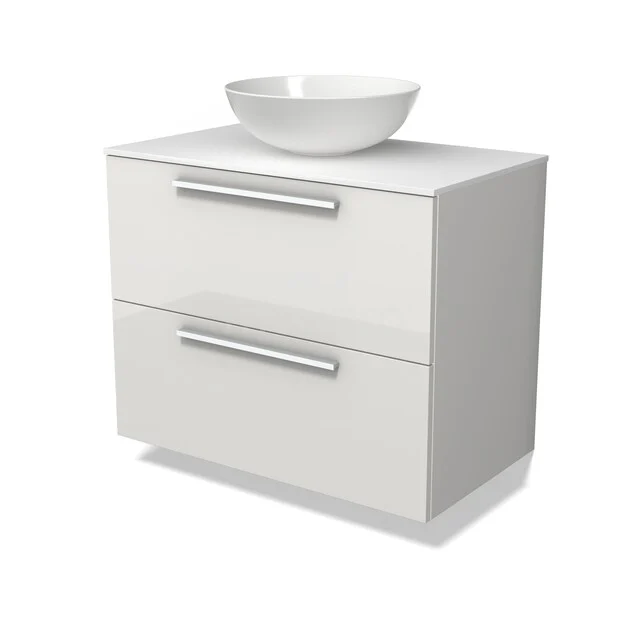 Modulo Plato Badkamermeubel voor waskom | 80 cm Hoogglans wit Vlak front Solid surface blad 2 lades onder elkaar BMK17-03592