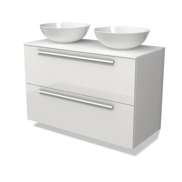 Modulo Plato Badmöbel mit Aufsatzwaschbecken | 100 cm Hochglanz Weiß Flach front Solid Surface blatt 2 übereinanderliegende Schubladen BMK17-03595 Weiße Badmöbel mit zwei schalenförmigen Waschbecken, zweiteiligen Schubladen und metallenen Haltegriffen, ideal für ein modernes Badezimmer.