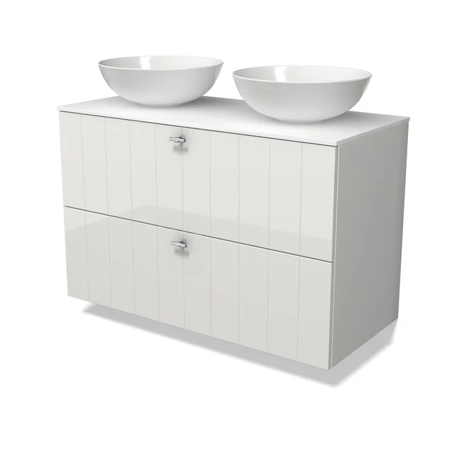 Modulo Plato Badkamermeubel voor waskom | 100 cm Hoogglans wit Lamel front Solid surface blad 2 lades onder elkaar BMK17-03596