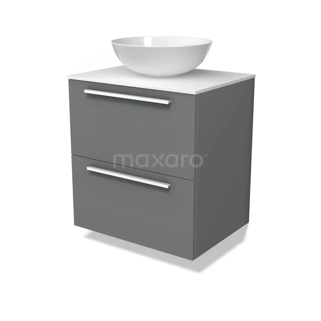 Grau Badmöbel mit zwei Schubladen, weißem Aufsatzwaschbecken und modernen Chrom Haltegriffen, ideal für kompakte Bäder.