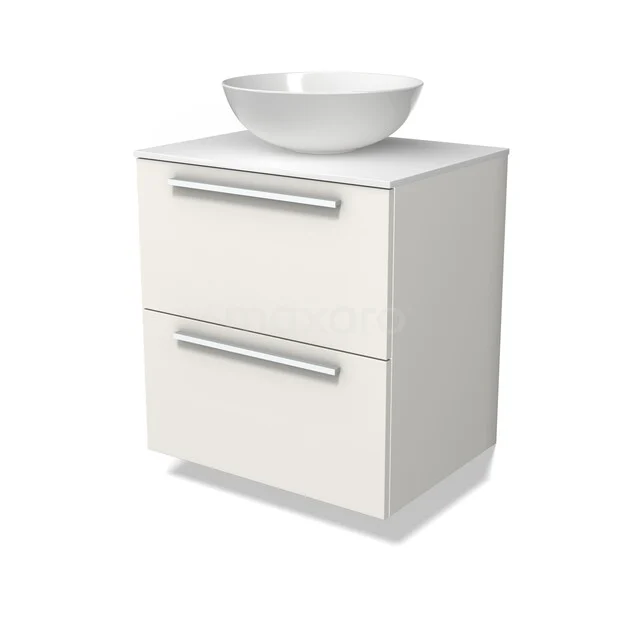 Modulo Plato Badkamermeubel voor waskom | 60 cm Mat wit Vlak front Solid surface blad 2 lades onder elkaar BMK17-03624