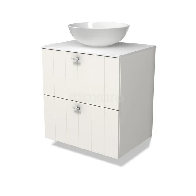 Modulo Plato Badkamermeubel voor waskom | 60 cm Mat wit Lamel front Solid surface blad 2 lades onder elkaar BMK17-03625