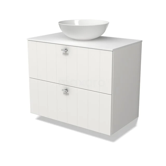 Modulo Plato Vanity units for countertop basin | 80 cm Matte white Slat front Solid surface worktop 2 Stacked drawers BMK17-03628