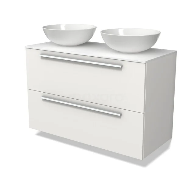 Weiße Badmöbelset mit zwei Aufsatzwaschbecken, schlankem Design und metallischen Haltegriffen, ideal für ein modernes Badezimmer.