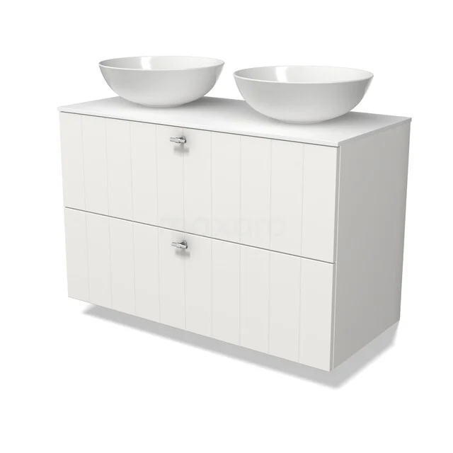 Weiße Badmöbelset mit Doppelwaschbecken, modernes Design und geräumigen Schubladen für eine stilvolle Badezimmergestaltung.