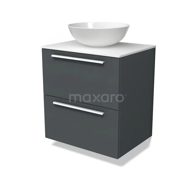 Modulo Plato Badkamermeubel voor waskom | 60 cm Donkergrijs Vlak front Solid surface blad 2 lades onder elkaar BMK17-03636
