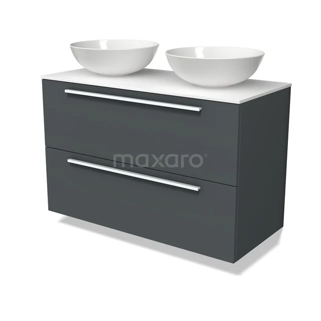 Donkergrijs badkamermeubel met twee witte waskommen, strak design en metalen grepen, perfect voor een moderne badkamer.