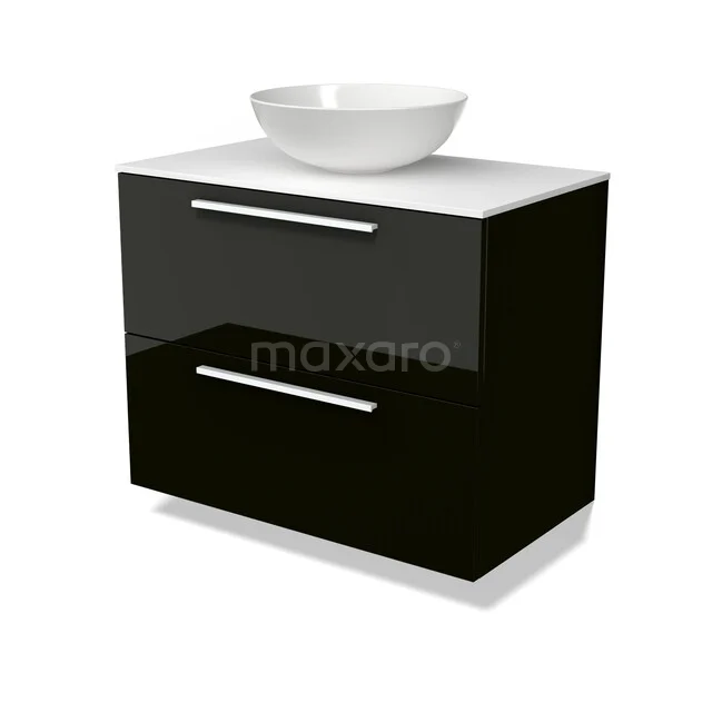 Schwarzes glänzendes Badmöbel mit weißem Aufsatzwaschbecken, zwei Schubladen und schickem Design. Perfekt für ein modernes Badezimmer.