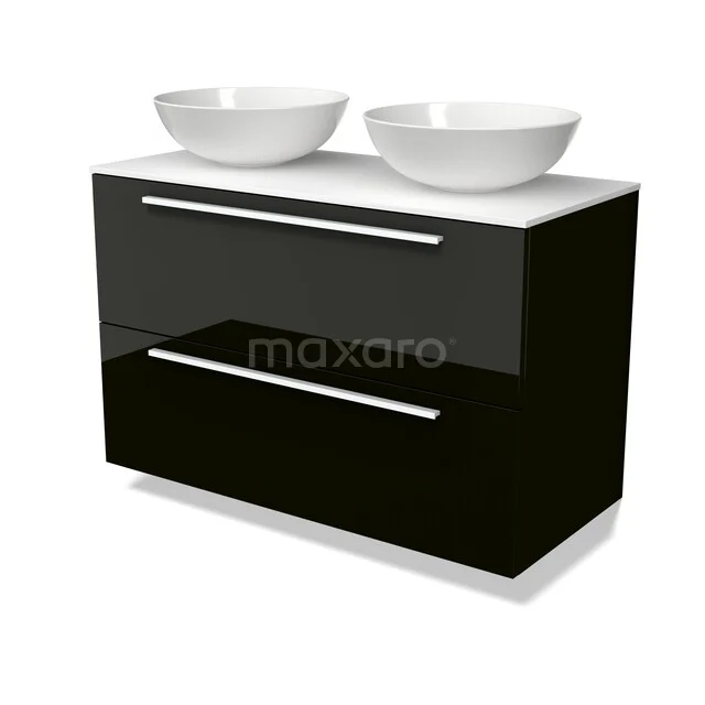 Möbel für Aufsatzwaschbecken BMK17-03649 Schwarzes Badmöbel mit Hochglanzoberfläche, zwei weißen Waschbecken und breiten Schubladen, ideal für moderne Bäder.