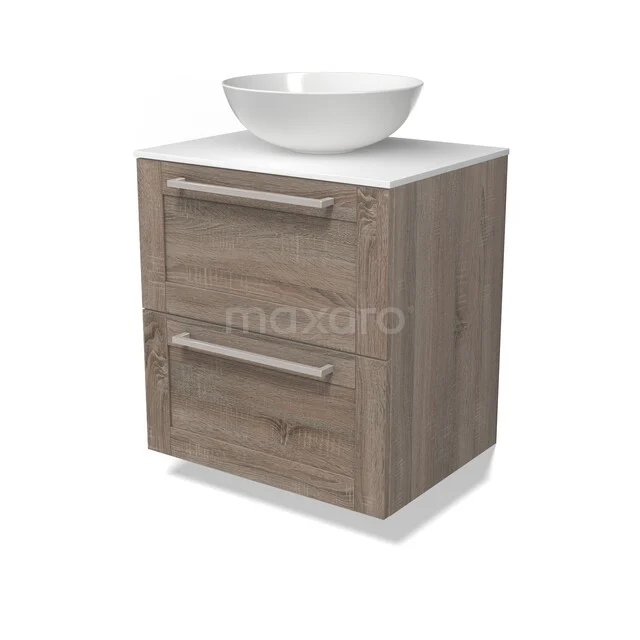 Wooden bathroom furniture with white washbasin, compact model with two drawers, ideal for modern bathrooms.