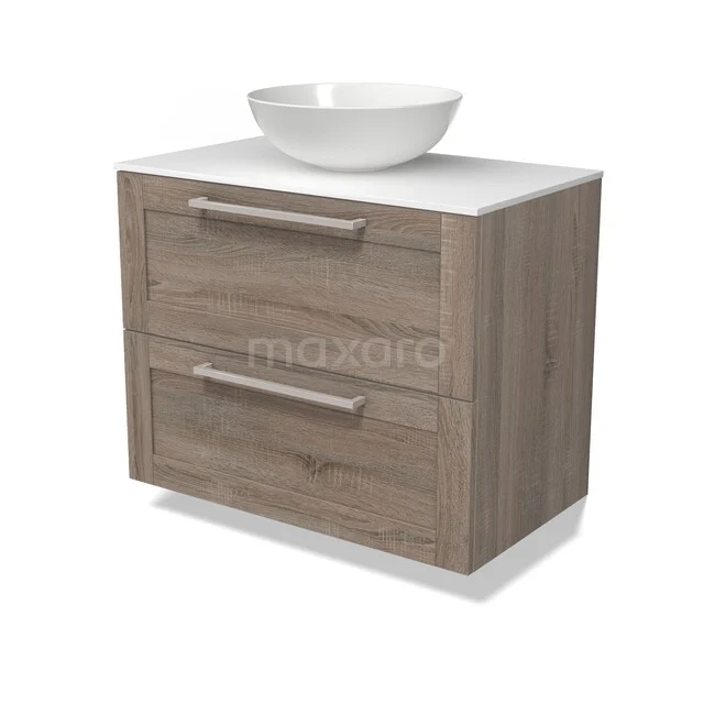 Houten badkamermeubel met twee lades en witte waskom, modern design en natuurlijke houtlook voor stijlvolle badkamers.