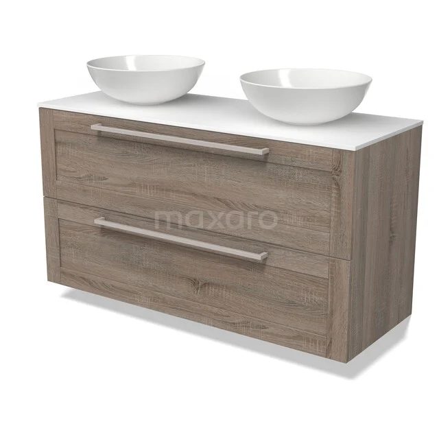 Wooden bathroom furniture with two white washbasins, modern design, drawer unit with metal handles, ideal for any bathroom style.