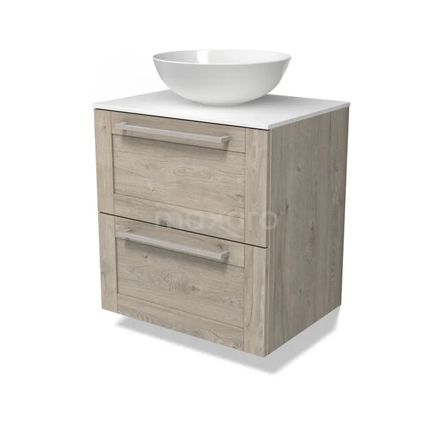 Modulo Plato Vanity units for countertop basin | 60 cm Light grey oak Bordered front Solid surface worktop 2 Stacked drawers BMK17-03662 Wooden bathroom furniture with two drawers and a white countertop washbasin, ideal for a modern bathroom style.