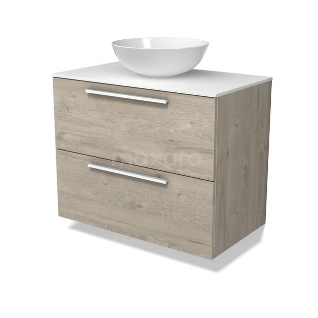 Modulo Plato Badkamermeubel voor waskom | 80 cm Lichtgrijs eiken Vlak front Solid surface blad 2 lades onder elkaar BMK17-03663