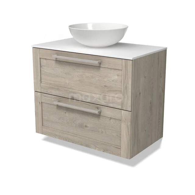 Wooden bathroom furniture with a white bowl-shaped sink, two drawers and modern design, perfect for a stylish bathroom.
