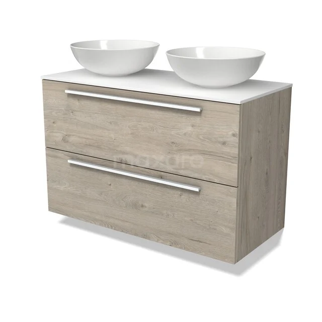 Modulo Plato Badmöbel mit Aufsatzwaschbecken | 100 cm Hellgraue Eiche Flach front Solid Surface blatt 2 übereinanderliegende Schubladen BMK17-03665 Badezimmermöbel Holzoptik mit zwei weißen Aufsatzwaschbecken, moderne Kommode mit schlichten Edelstahlgriffen.