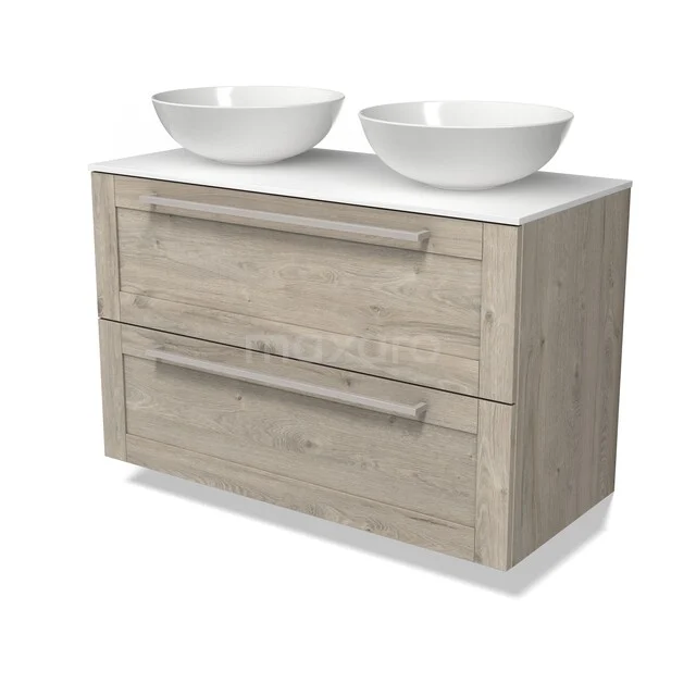 Holz Badezimmermöbel mit doppelten Schubladen und doppelten Aufsatzwaschbecken, ideal für stilvolle und praktische Badezimmerlagerung.