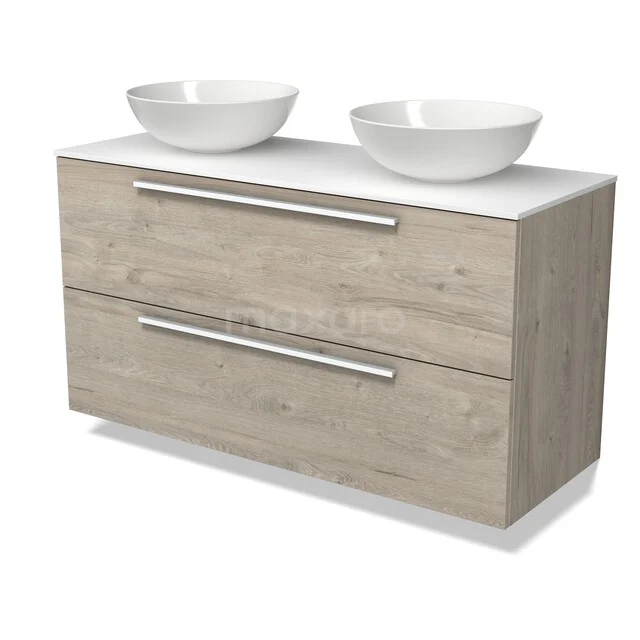 Modulo Plato Vanity units for countertop basin | 120 cm Light grey oak Flat front Solid surface worktop 2 Stacked drawers BMK17-03667