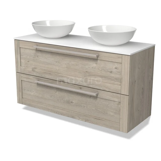 Wooden bathroom furniture with two white washbasins, drawer handles and a modern design, ideal for stylish bathroom storage.