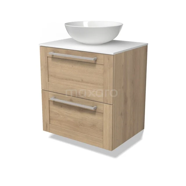 Holz Badezimmermöbel mit weißem Aufsatzwaschbecken, zwei Schubladen und metallischen Griffen, kompakt und ideal für moderne Bäder.