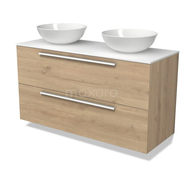 Modulo Plato Vanity units for countertop basin | 120 cm Light brown oak Flat front Solid surface worktop 2 Stacked drawers BMK17-03675